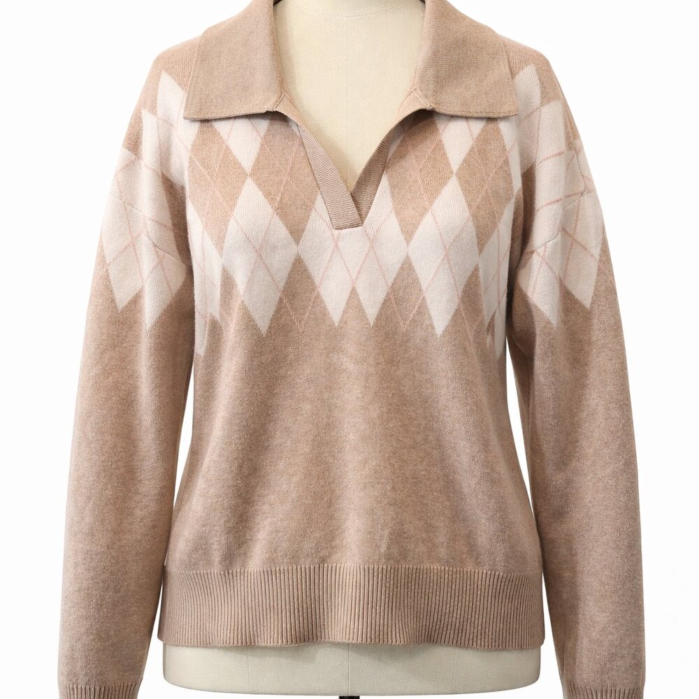 Argyle Collared Sweater XL Beige Pink Preppy Y2K Soft Knit V Neck